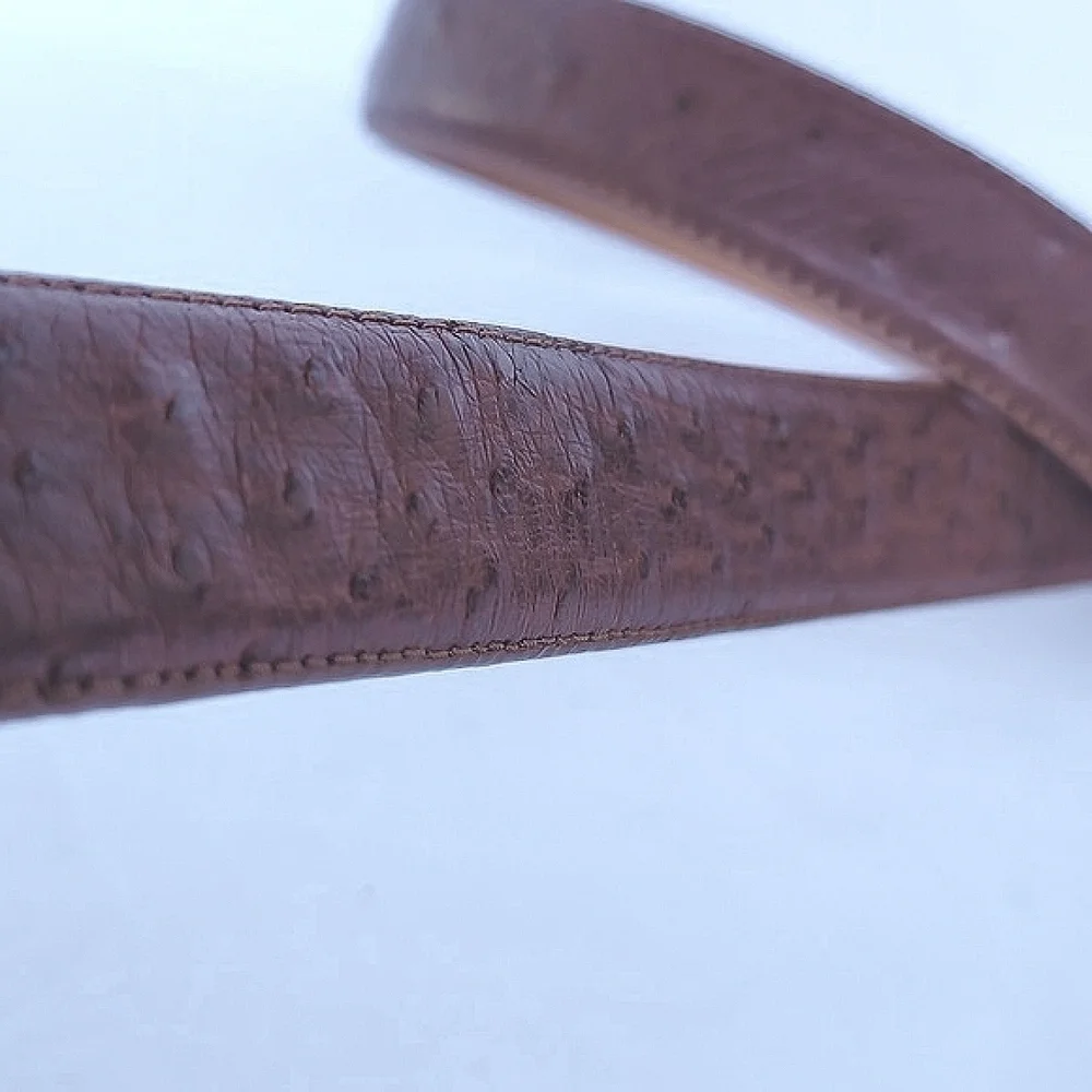 Full Quill Men's Ostrich Cognac Leather Brass Hardware Belt